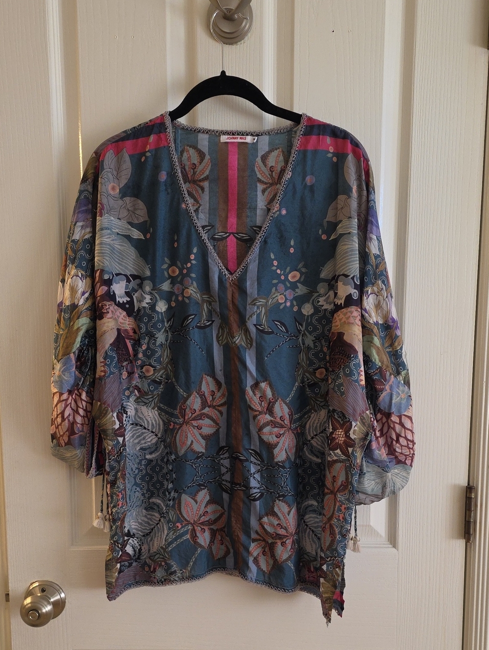 Johnny Was 100% Silk Multicolor Floral V-Neck Tunic with Blue Base
